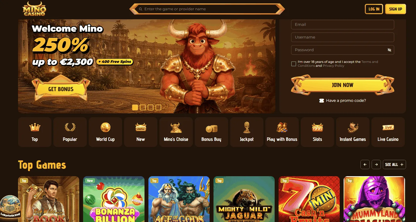 Mino EU online casino homepage