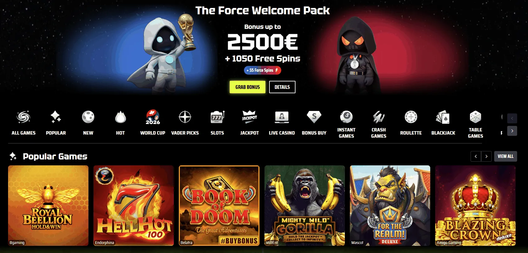 SlotsVader EU online casino homepage