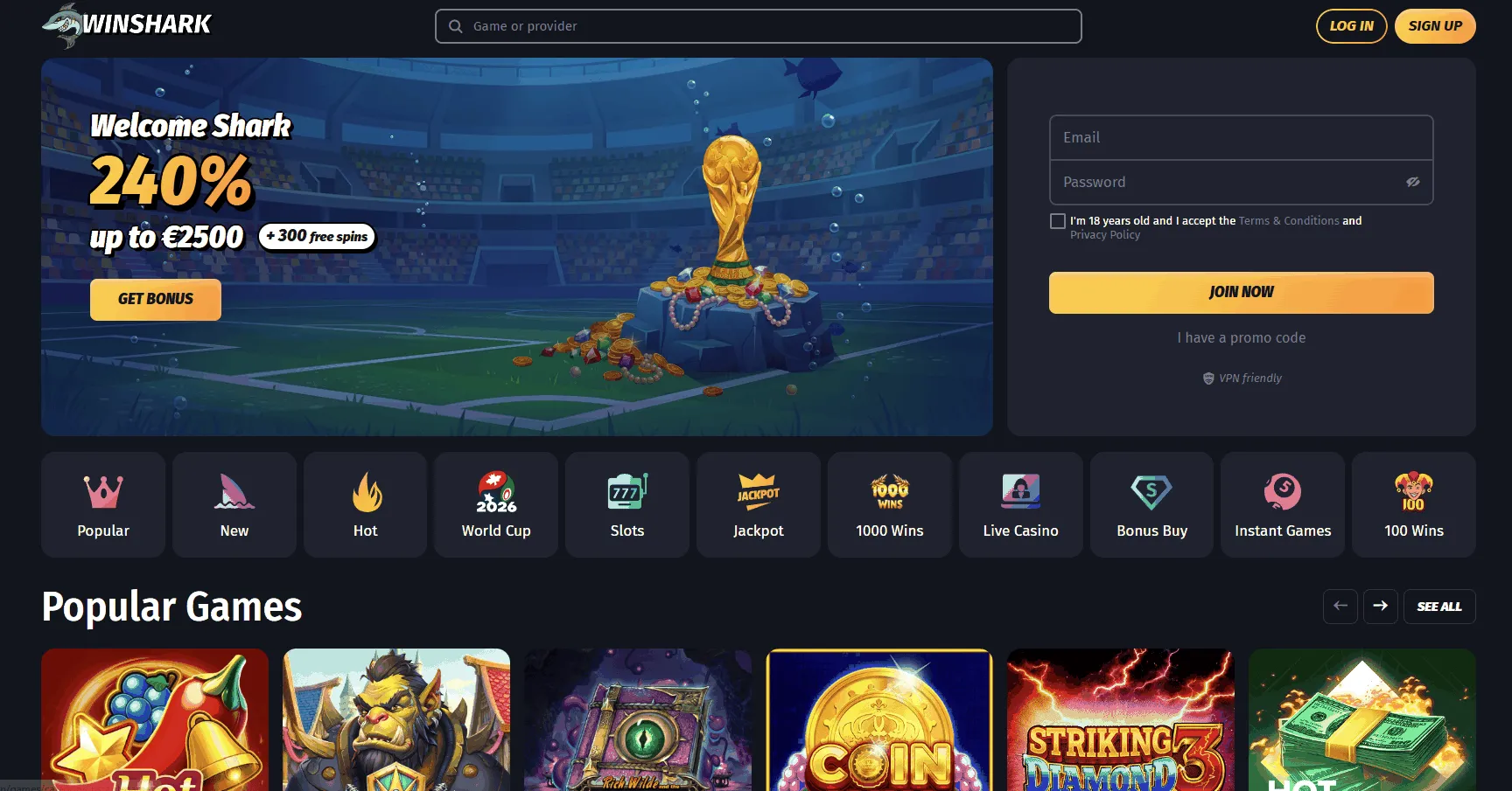 Winshark EU online casino homepage